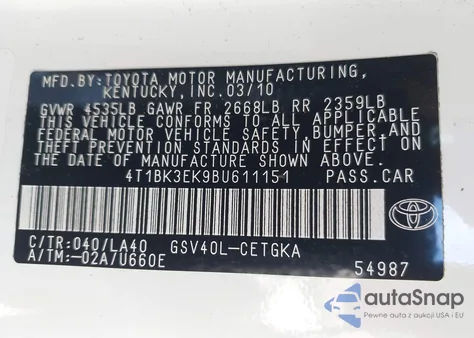 2011 Toyota Camry Xle V6 z USA, uszkodzony, nr VIN 4T1BK3EK9BU611151